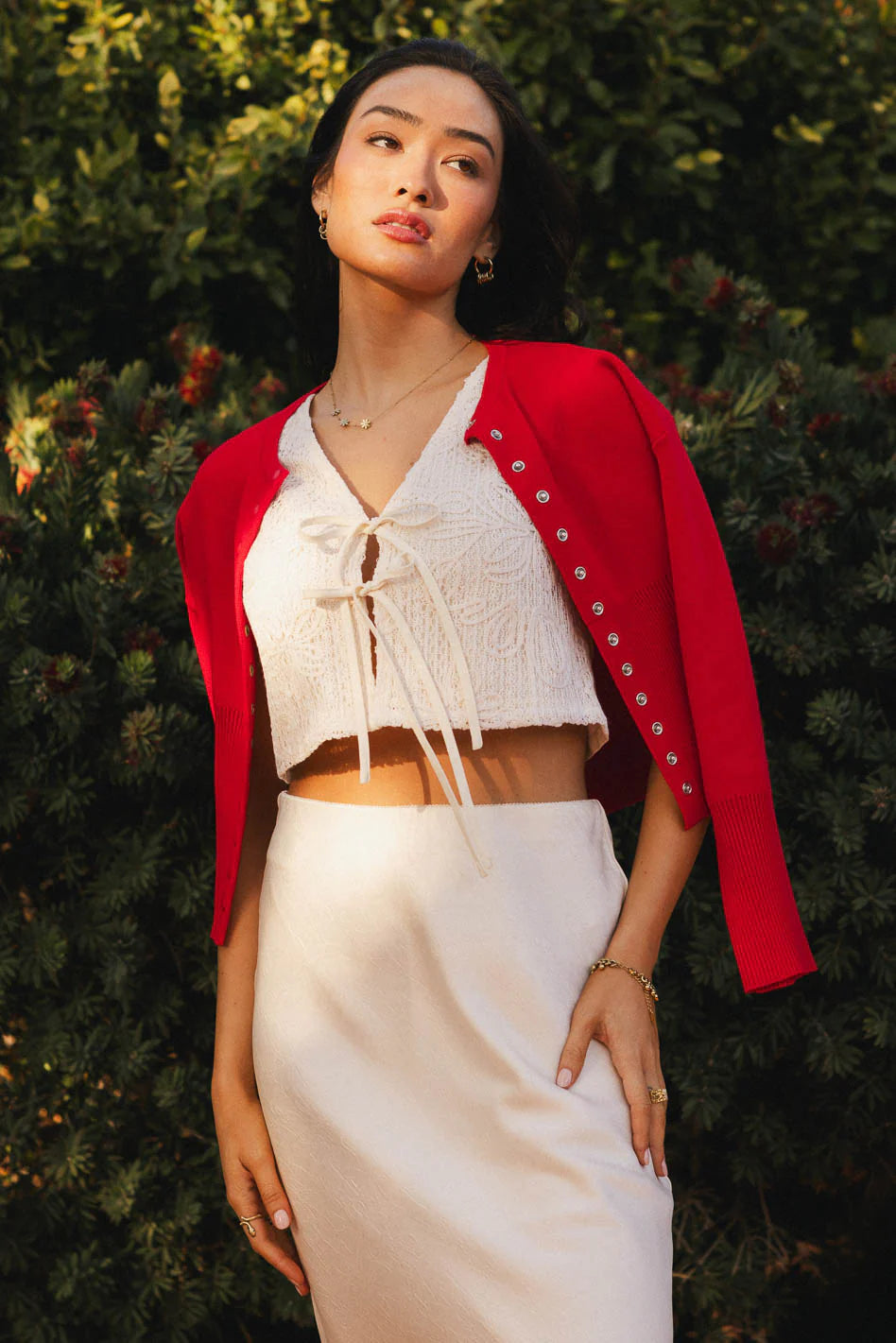 Julia Ribbed Cardigan in Red