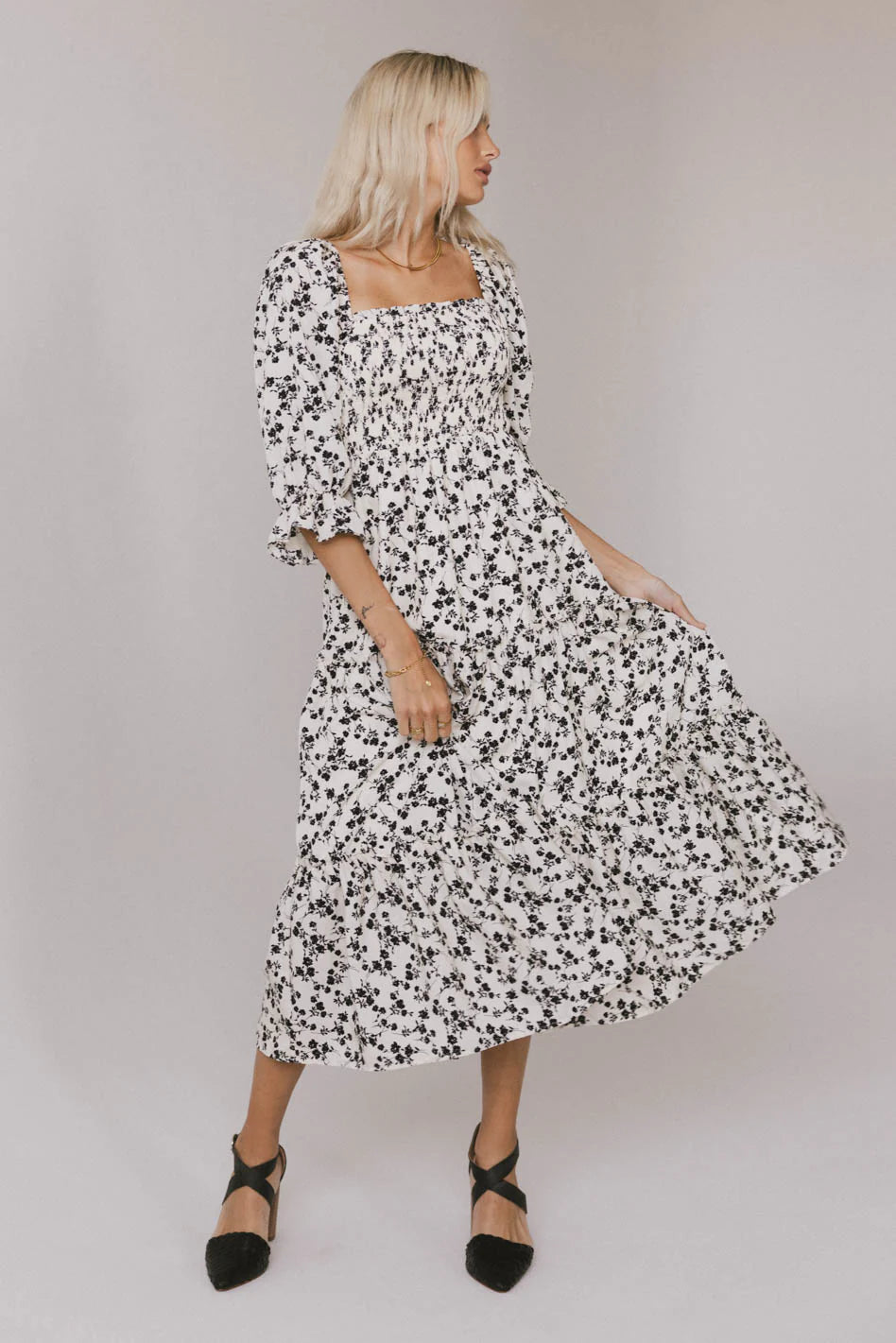 Kiran Floral Midi Dress in Cream