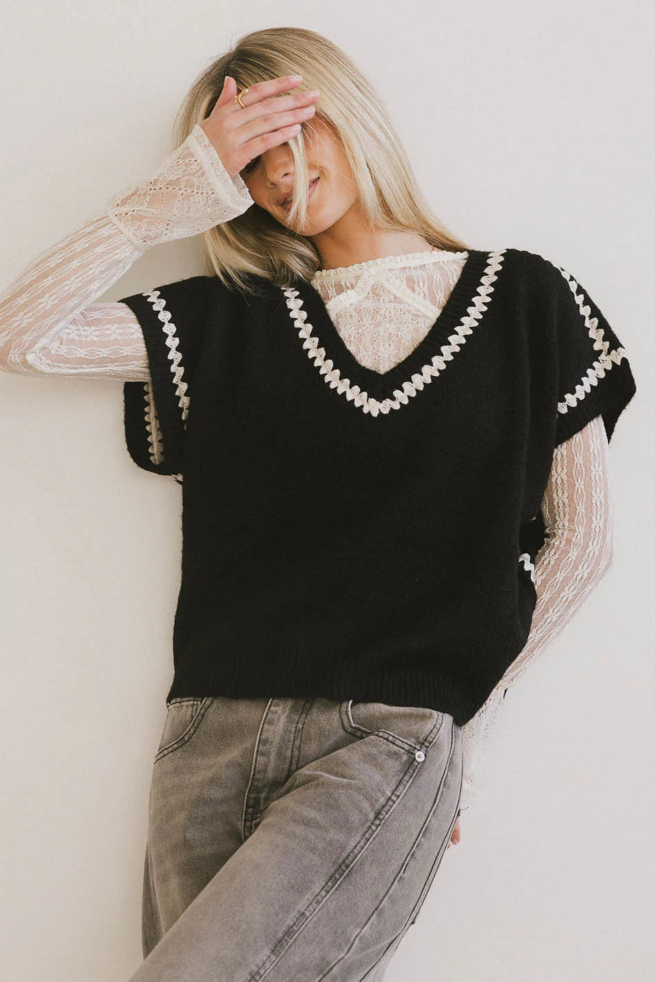 Hazel Embroidered Sweater Top in Black