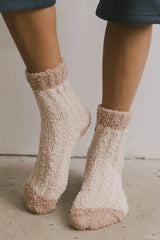 Fuzzy Contrast Socks in Tan