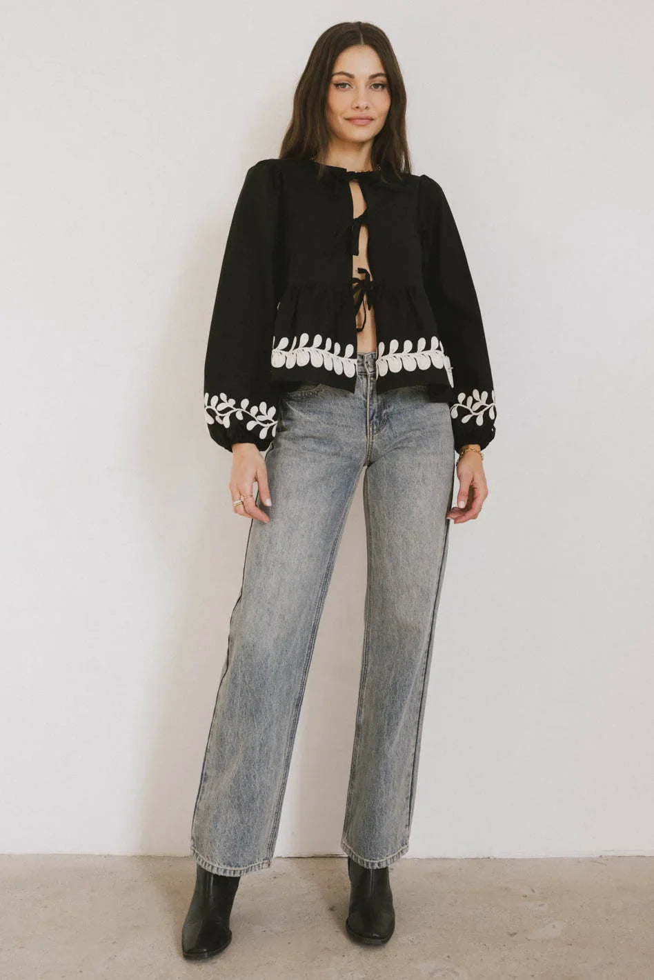 Stariana Embroidered Tie Blouse in Black