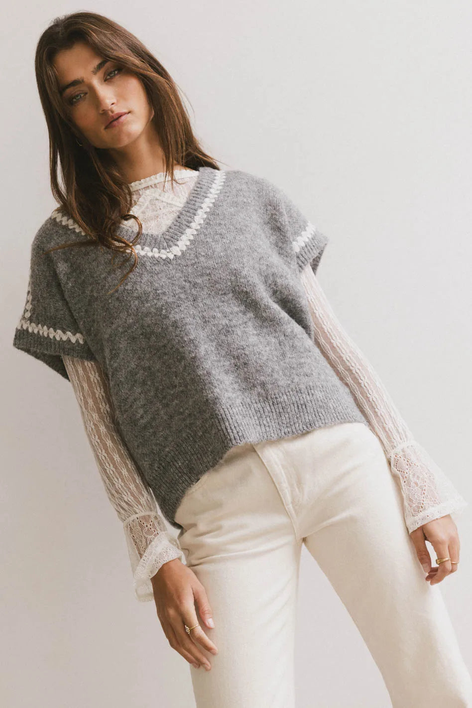 Hazel Embroidered Sweater Top in Grey