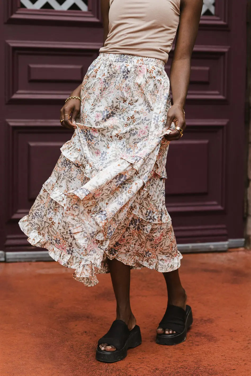 Dimitria Floral Midi Skirt in Sand