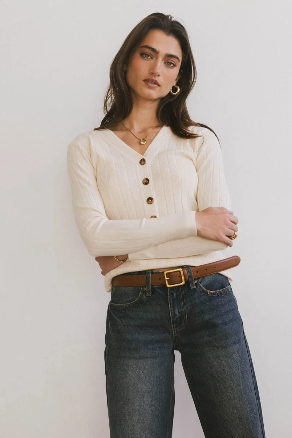 Ribbed Button Front Top in Ivory