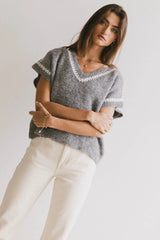 Hazel Embroidered Sweater Top in Grey