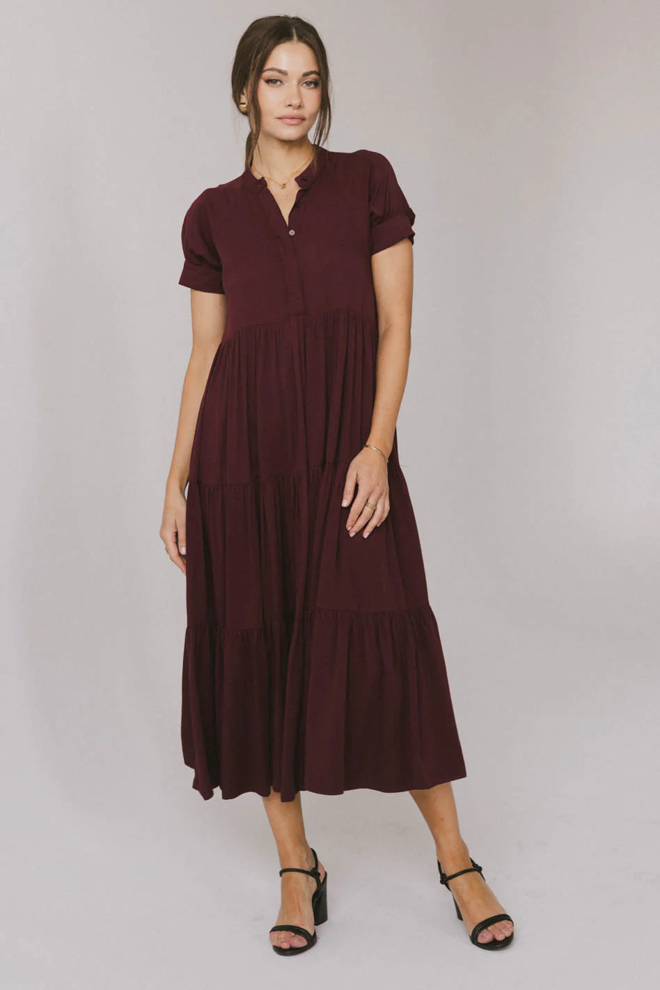 Amanda Tiered Dress in Burgundy