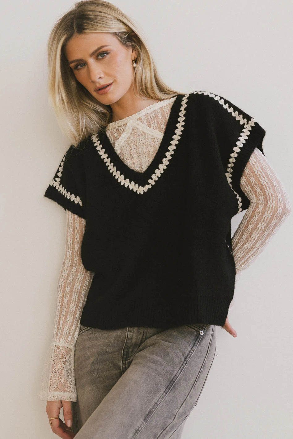 Hazel Embroidered Sweater Top in Black