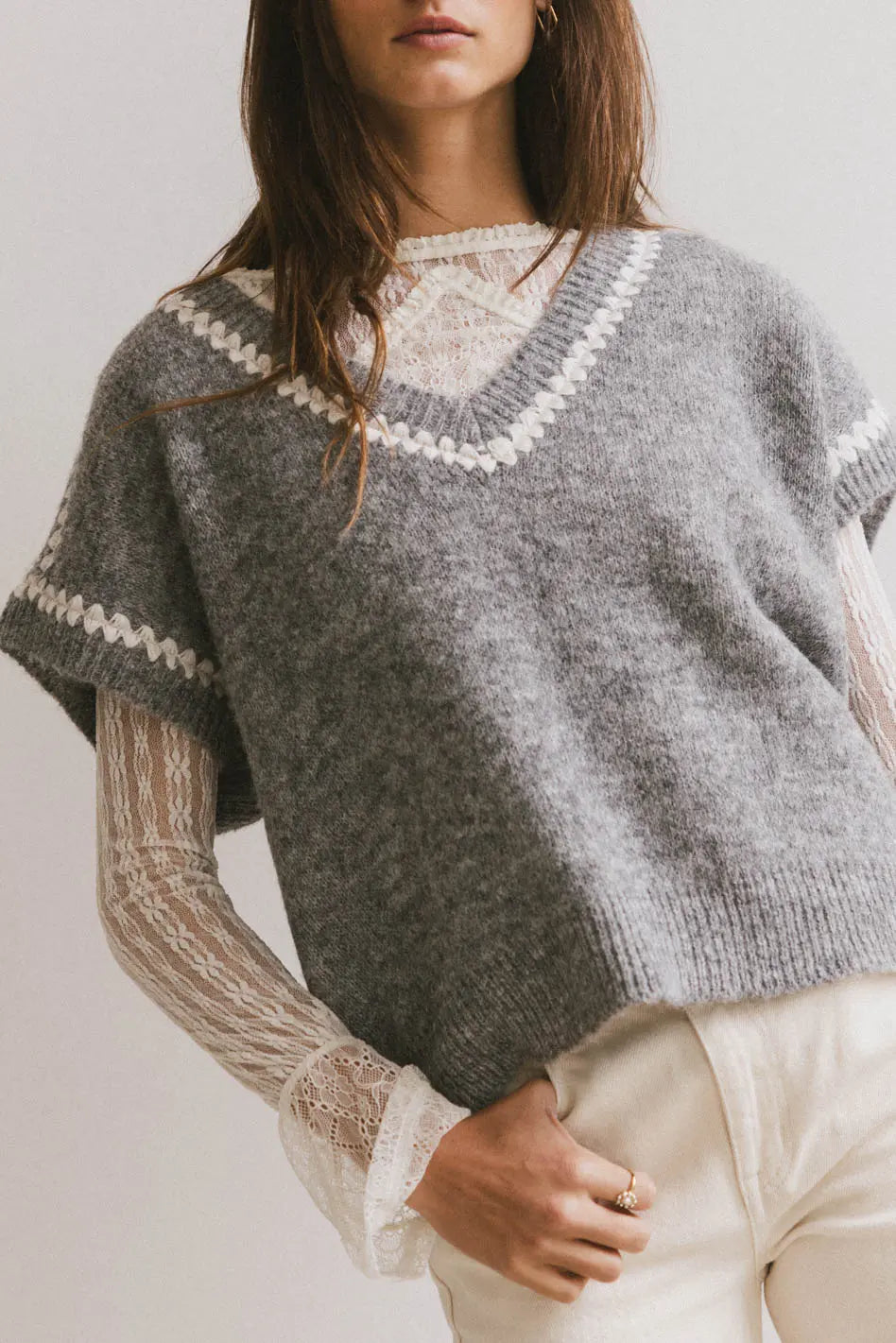 Hazel Embroidered Sweater Top in Grey