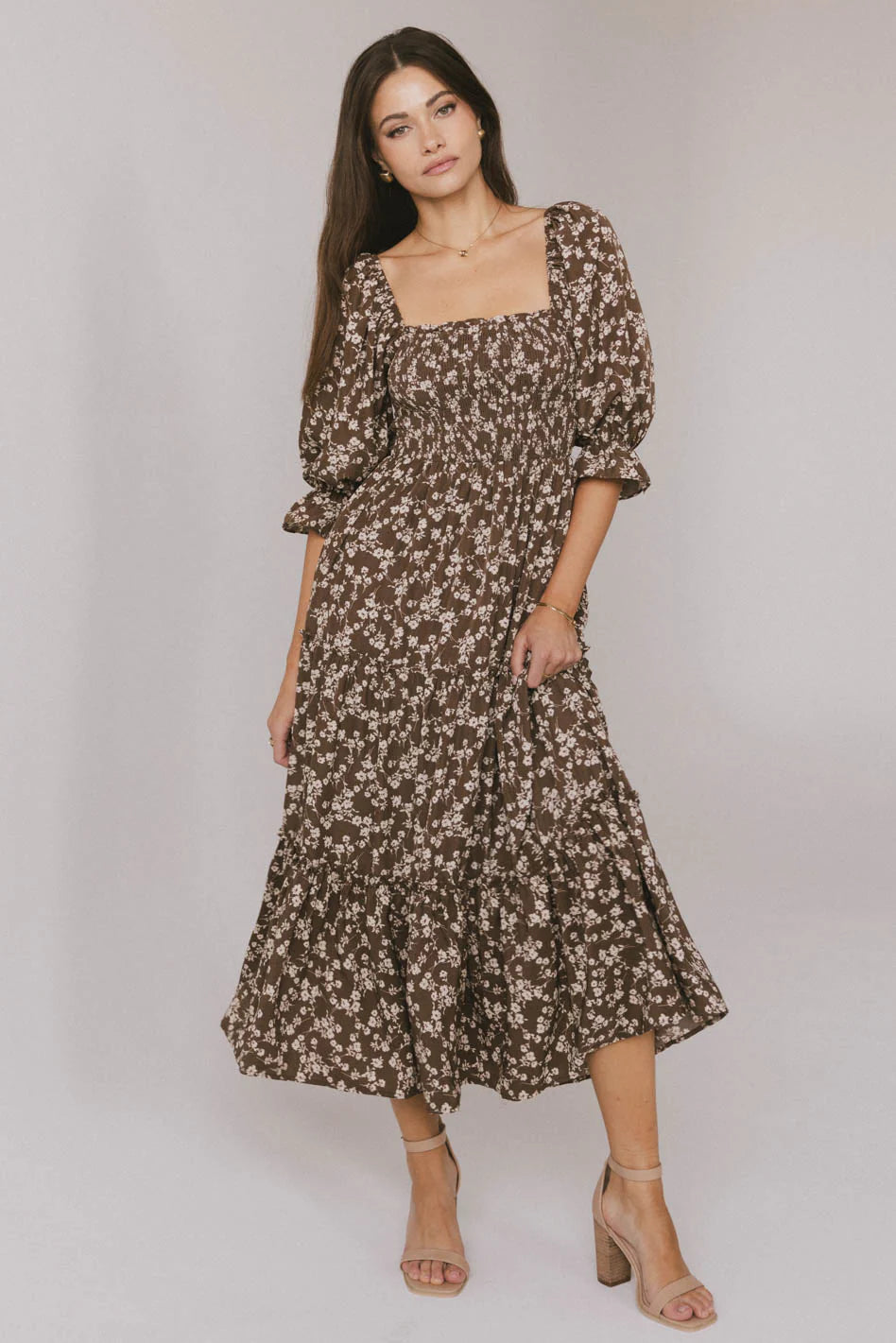 Kiran Floral Midi Dress in Brown