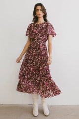 Mary Anne Floral Midi Dress in Brown