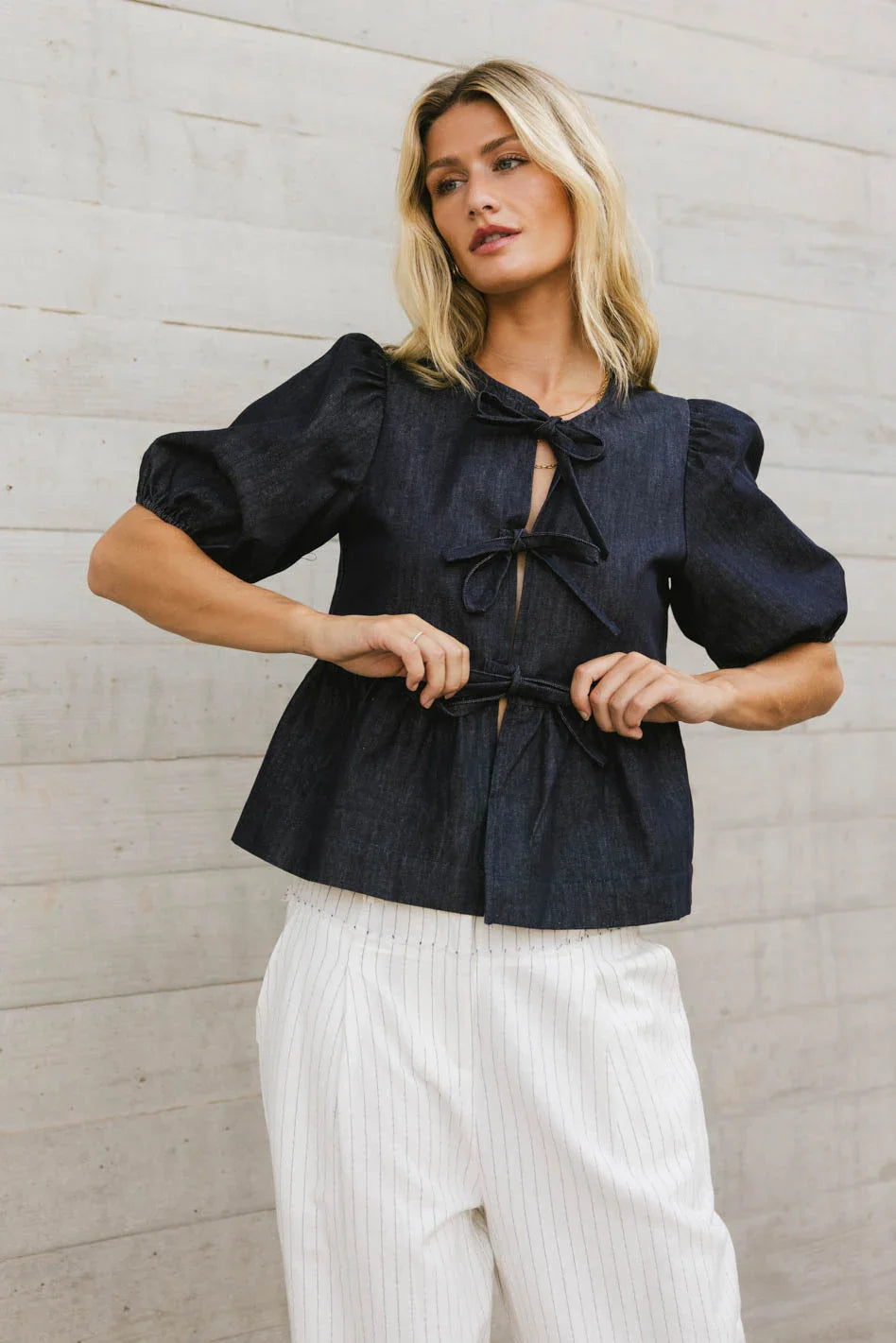 Natalia Peplum Tie Blouse in Dark Wash