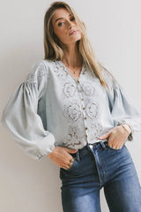 Violet Embroidered Blouse in Denim