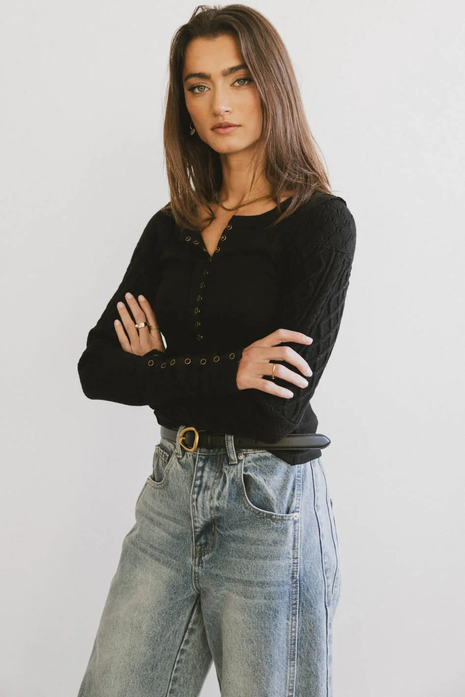 Naomi Cable Knit Sleeve Top in Black