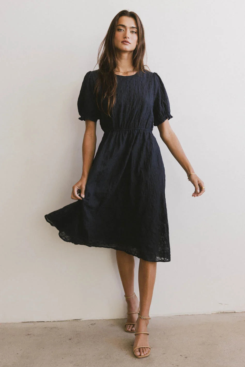 Cecy Embroidered Midi Dress in Navy