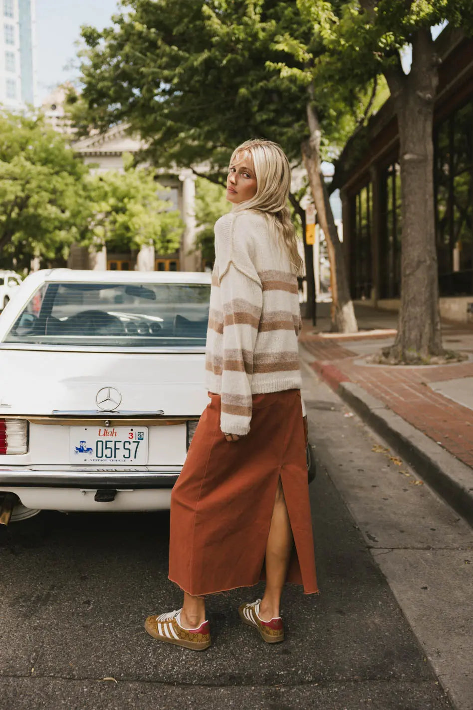 Rylie Denim Maxi Skirt in Rust