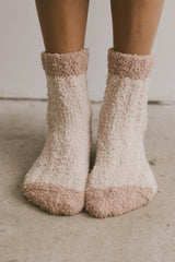 Fuzzy Contrast Socks in Tan