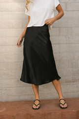 Lovinia Satin Midi Skirt in Black