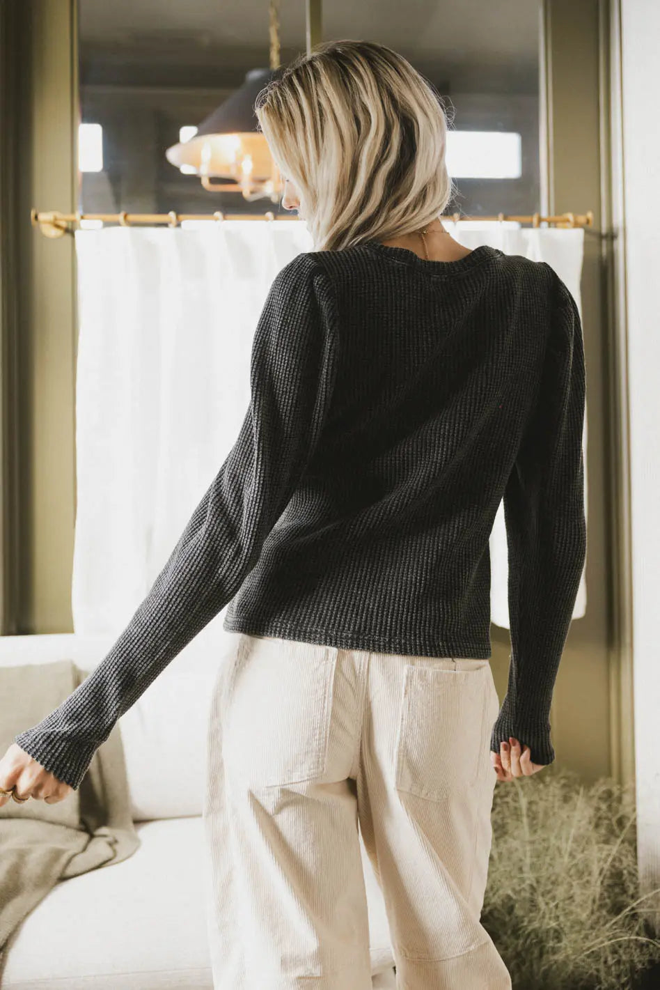 Kelcey Waffle Knit Top in Black