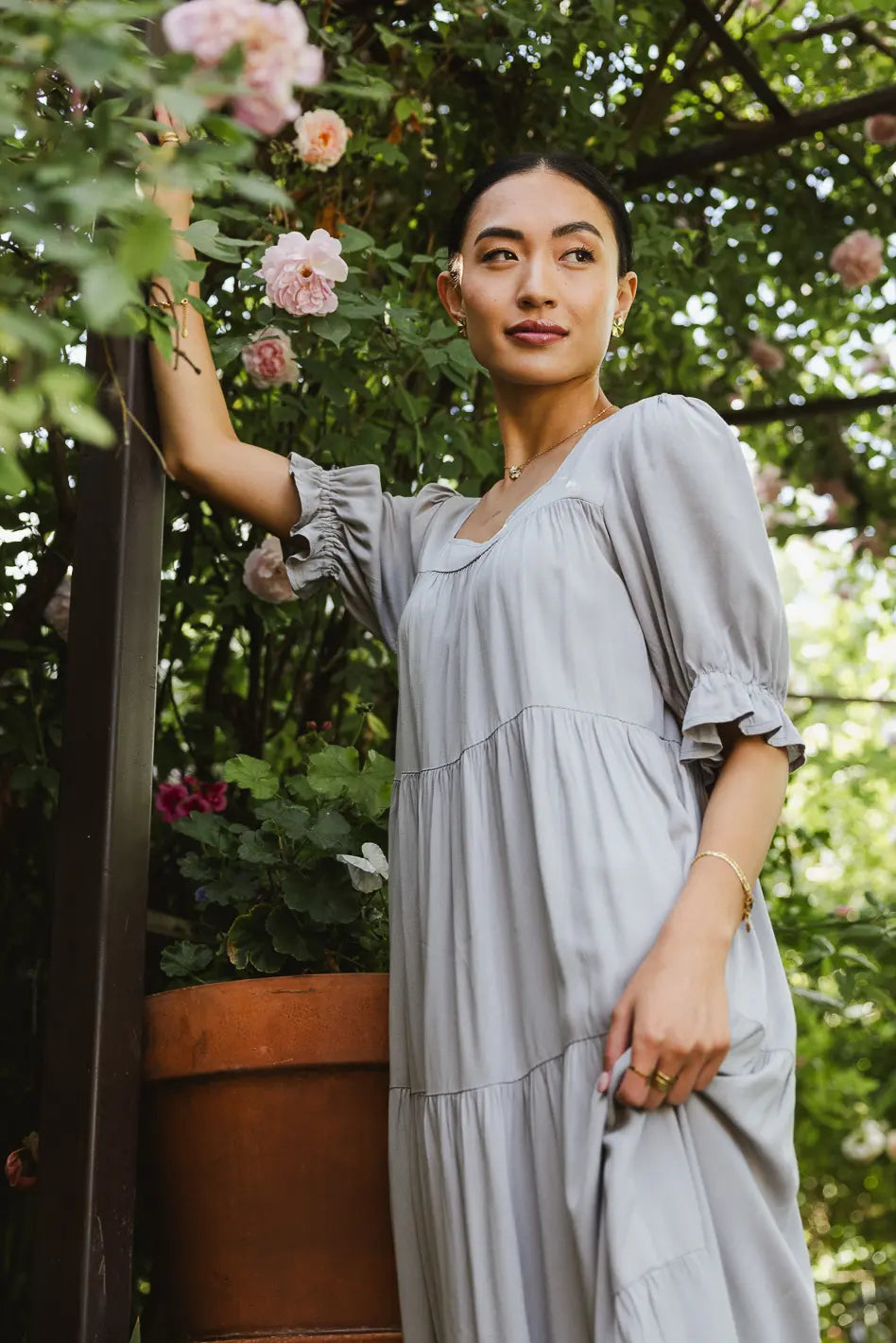 Danae Tiered Midi Dress in Slate Blue