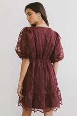 Tiana Embroidered Mini Dress in Red-Brown