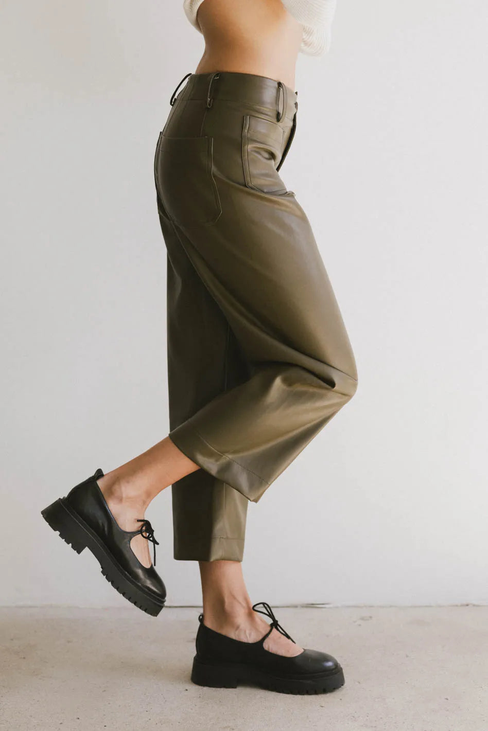 Sadie Wide Leg Pants in Olive Leather - FINAL SALE