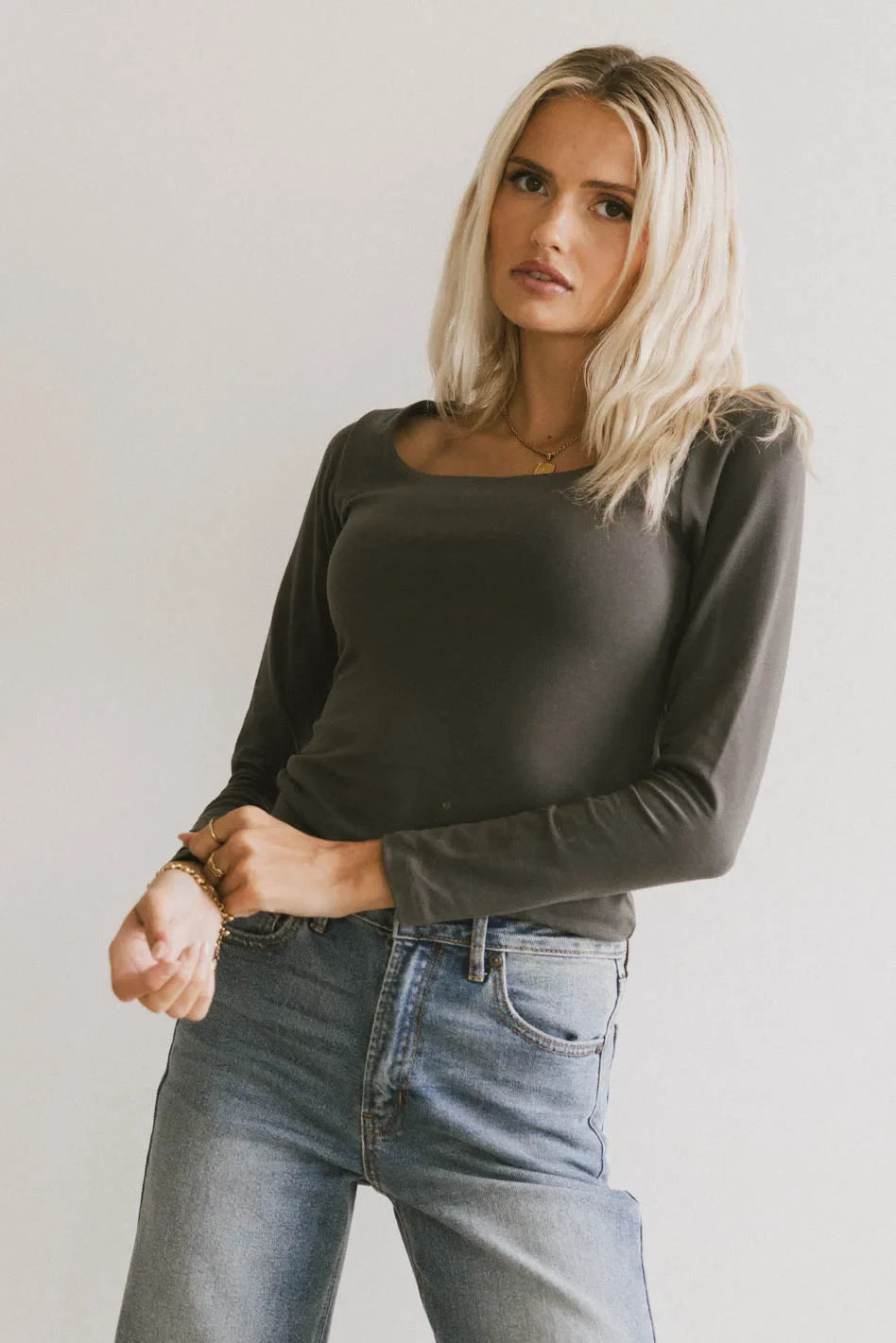 Polly Scoop Neck Top in Charcoal