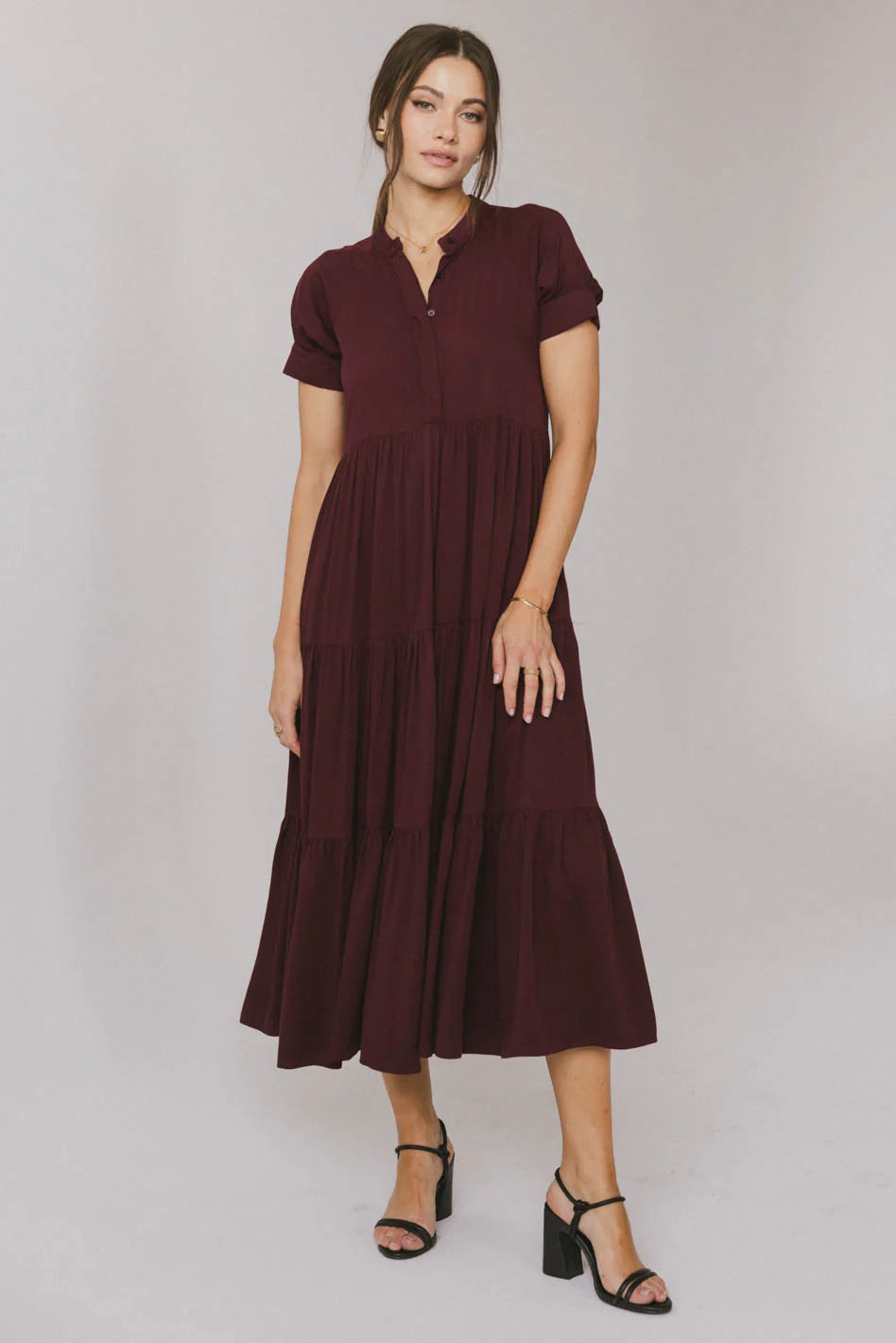 Amanda Tiered Dress in Burgundy