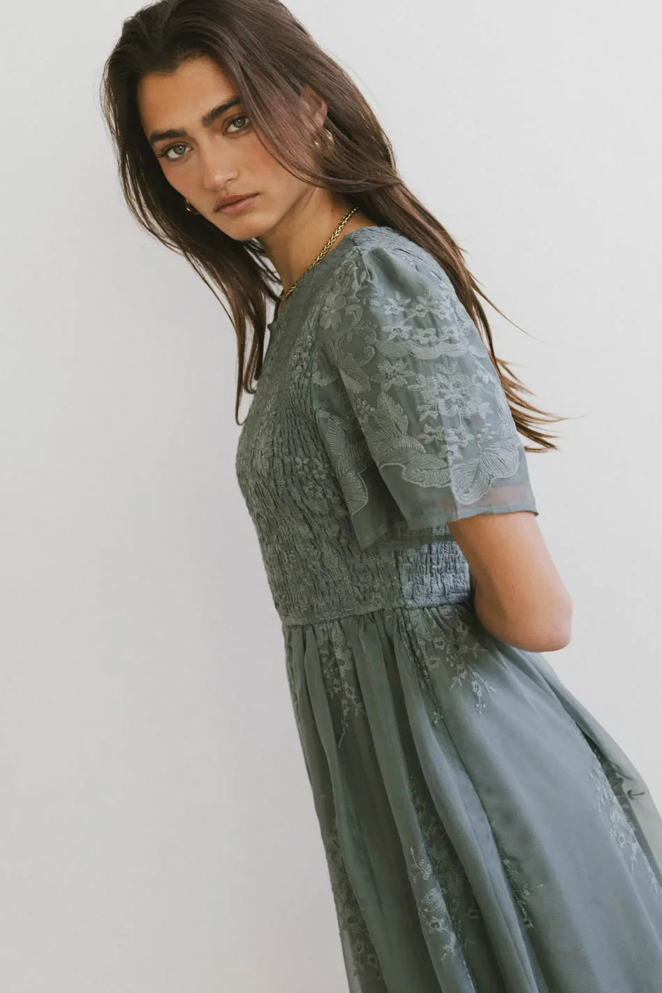 Alora Embroidered Dress in Teal