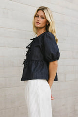 Natalia Peplum Tie Blouse in Dark Wash