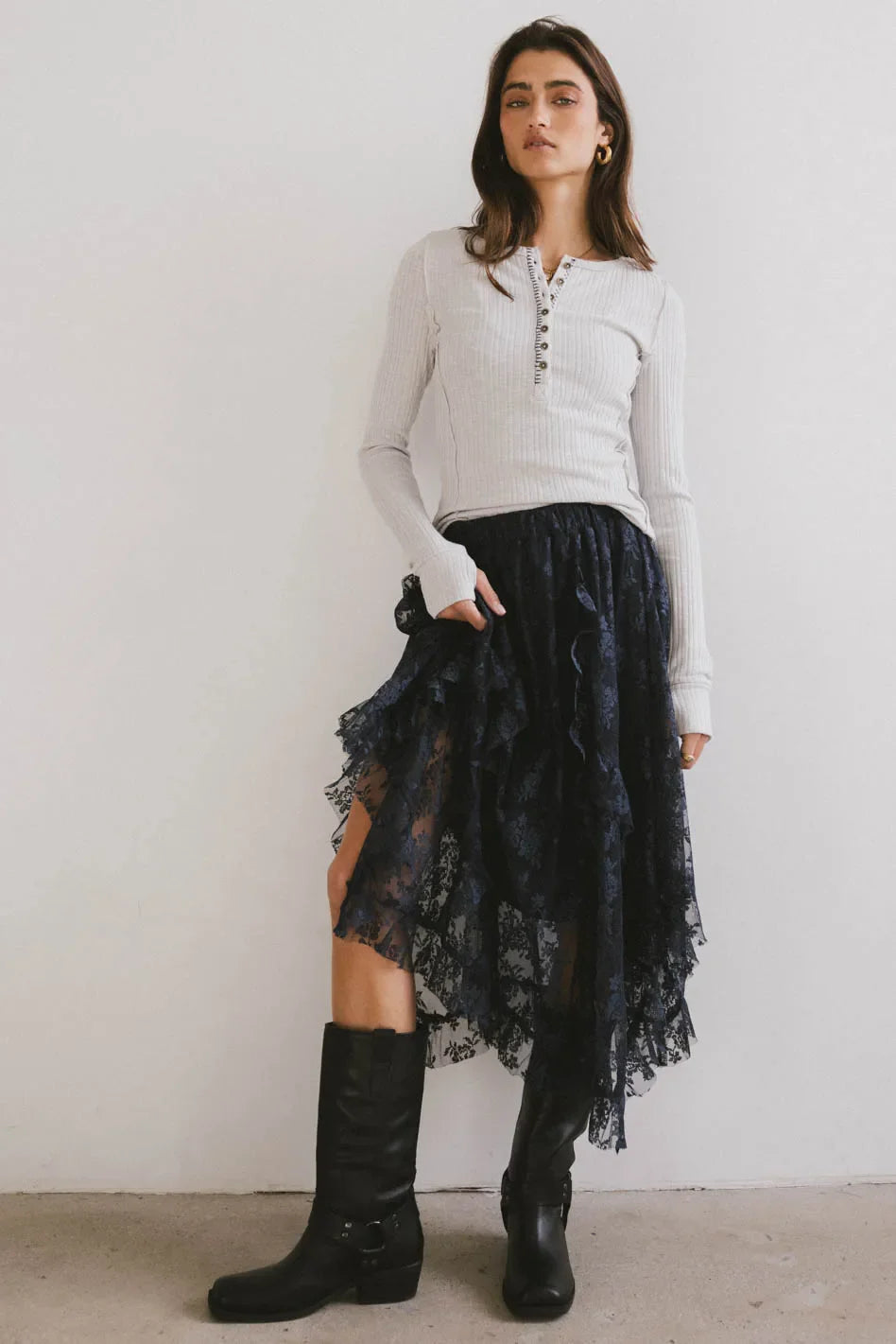 Elsie Lace Midi Skirt in Navy