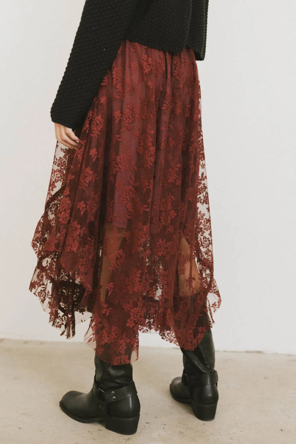 Elsie Lace Midi Skirt in Red-Brown