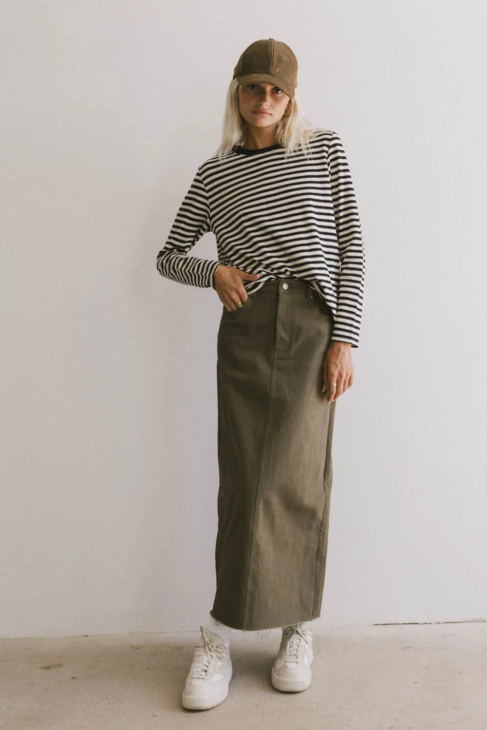 Rylie Denim Maxi Skirt in Olive