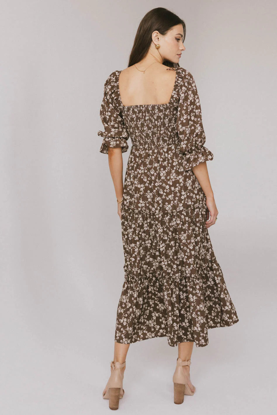 Kiran Floral Midi Dress in Brown