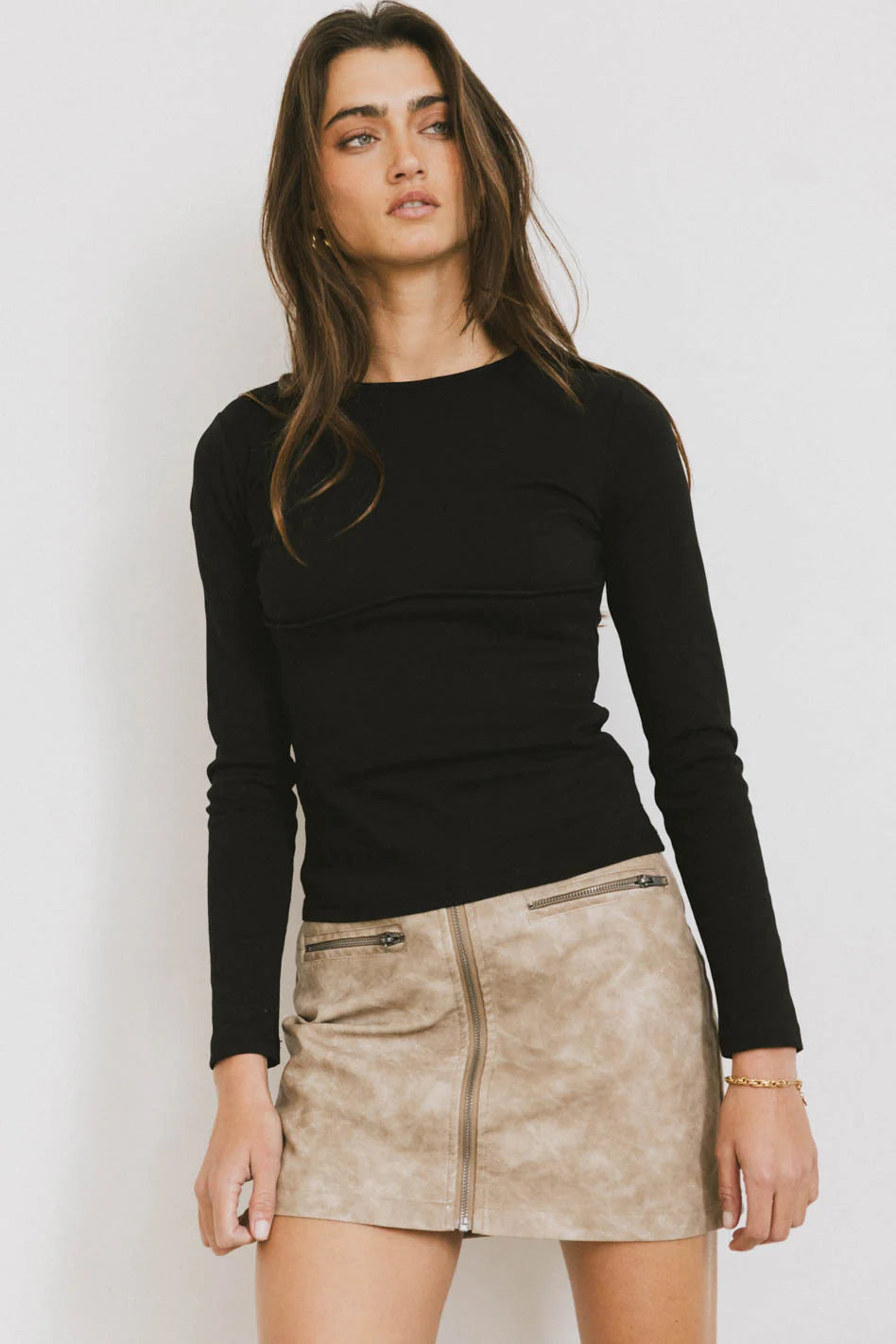 Quinlen Vegan Leather Mini Skirt in Tan