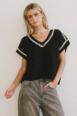 Hazel Embroidered Sweater Top in Black