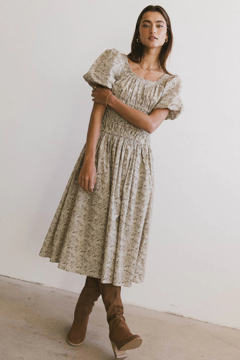 Lucille Smocked Floral Dress in Olive