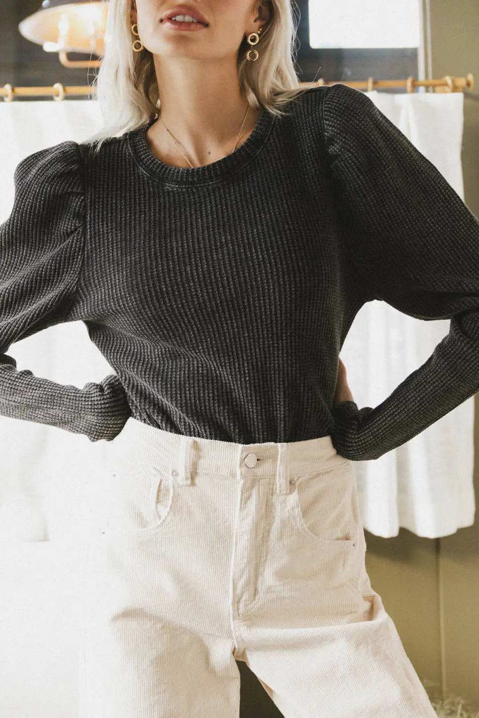 Kelcey Waffle Knit Top in Black