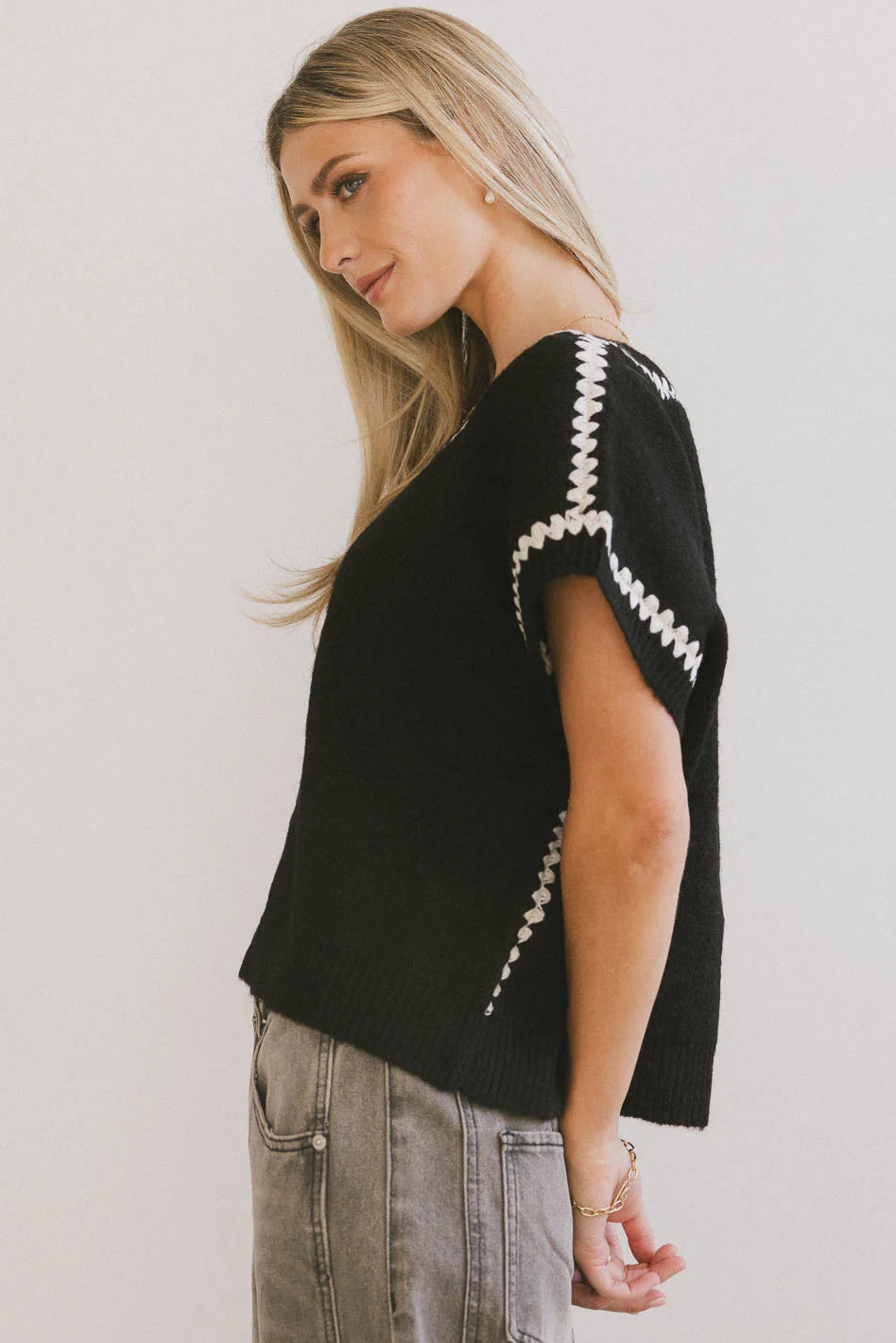 Hazel Embroidered Sweater Top in Black