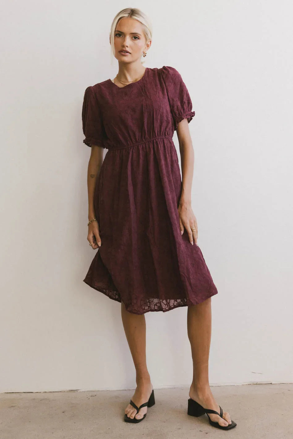 Cecy Embroidered Midi Dress in Burgundy - FINAL SALE