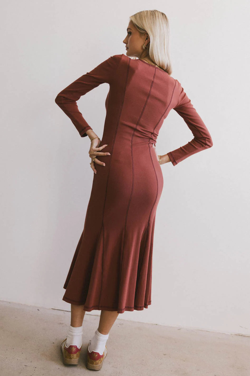 Fiona Ribbed Godet Dress in Rust - FINAL SALE