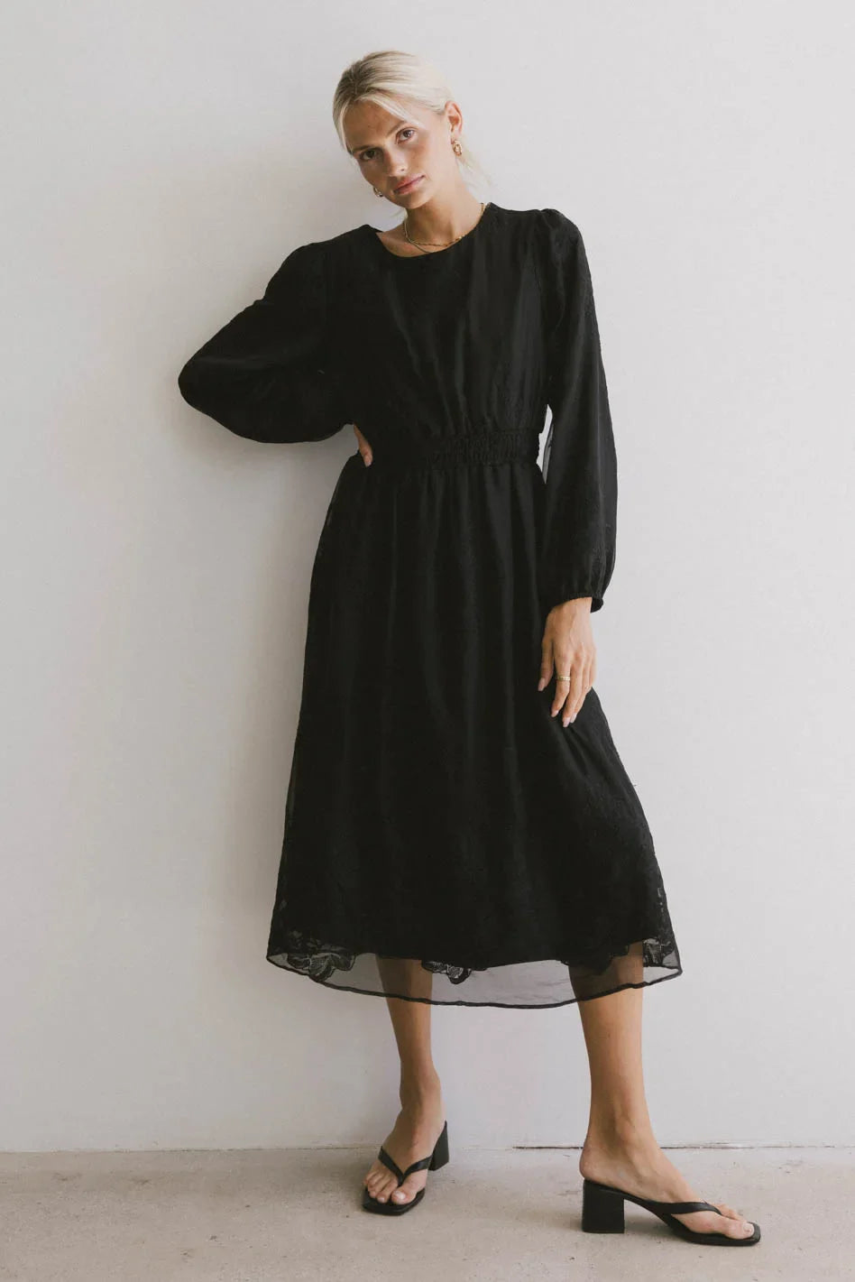 Andee Embroidered Midi Dress in Black