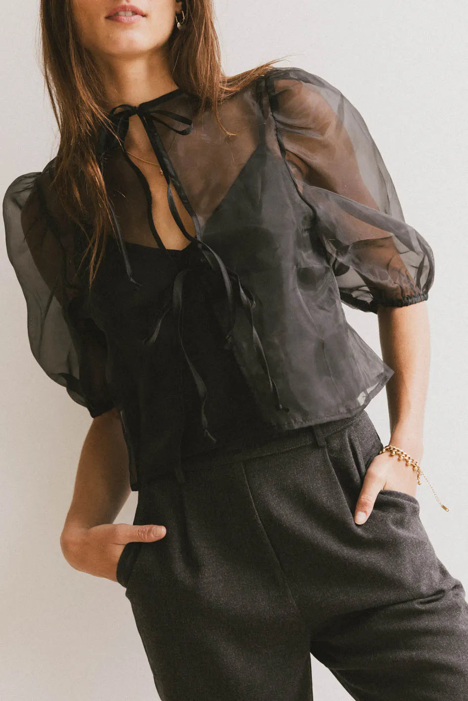 Zuri Sheer Tie Blouse in Black - FINAL SALE