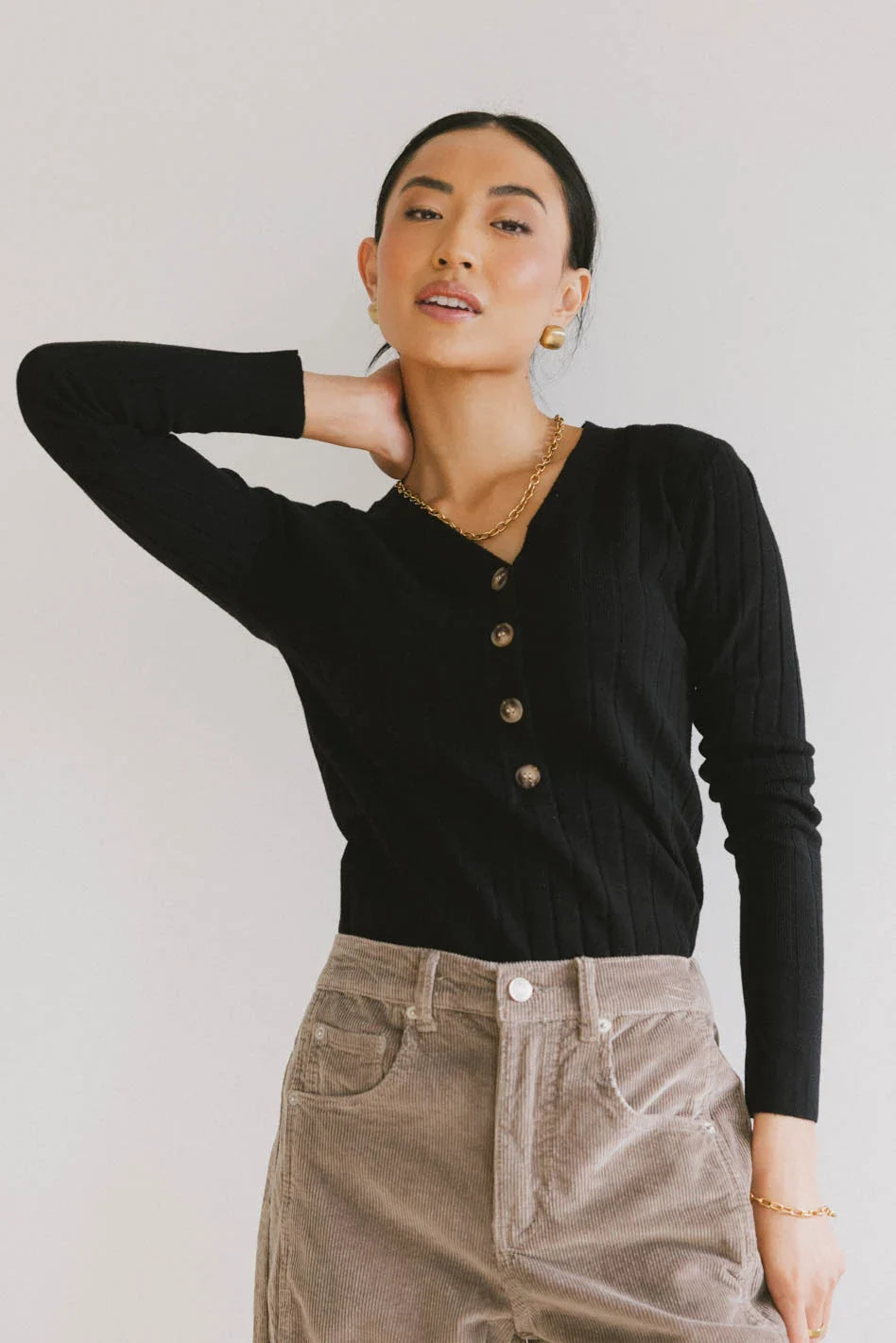 Ribbed Button Front Top in Black