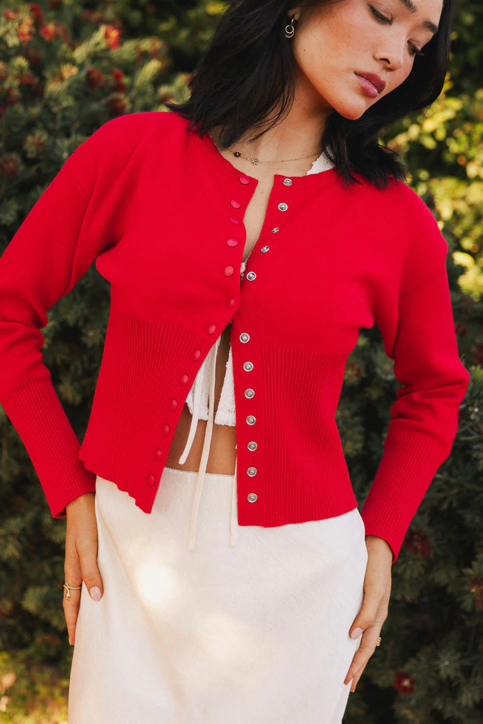 Julia Ribbed Cardigan in Red