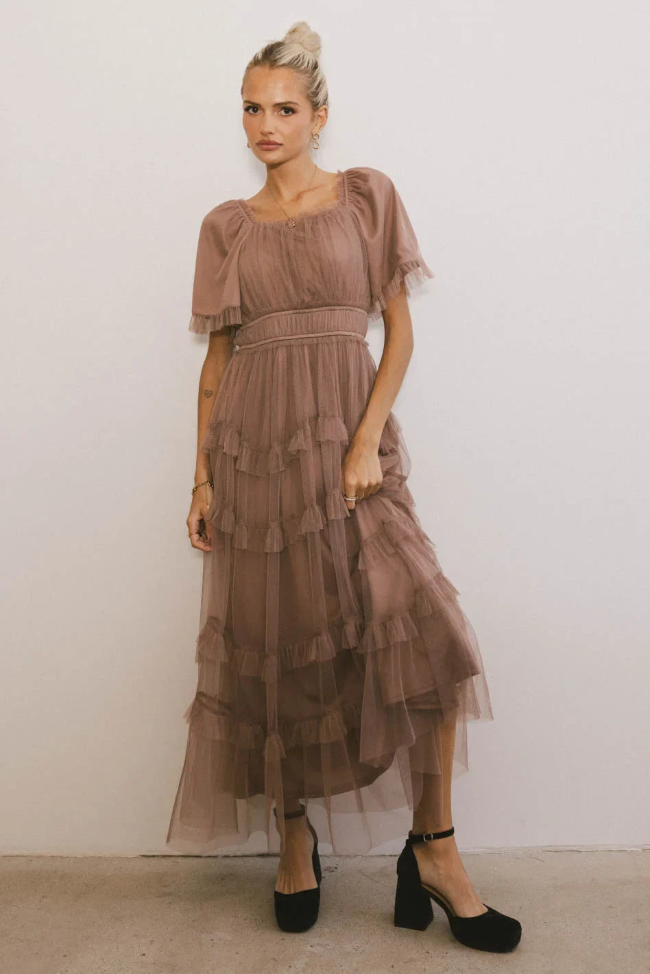 Eugena Ruffled Maxi Dress in Mocha