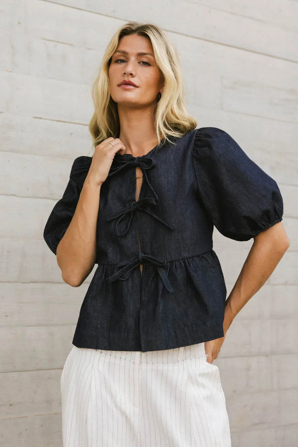 Natalia Peplum Tie Blouse in Dark Wash