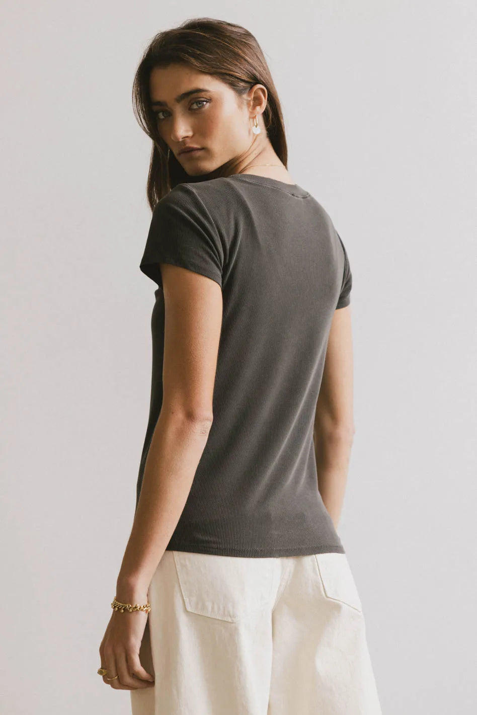 Opal Ribbed Tee in Charcoal