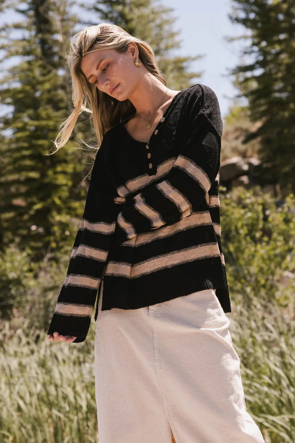 Gracia Striped Sweater Top in Black