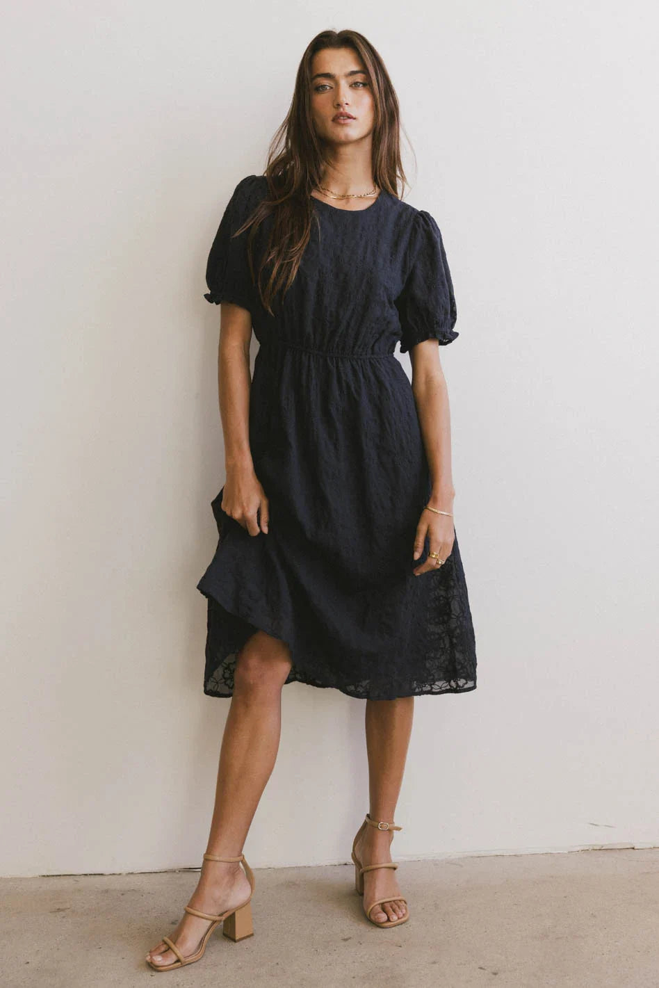 Cecy Embroidered Midi Dress in Navy