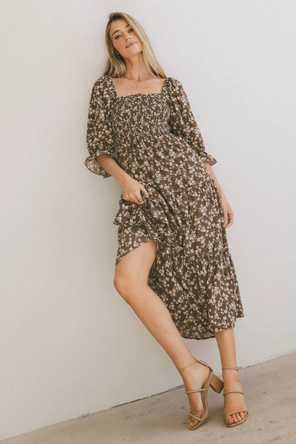 Kiran Floral Midi Dress in Brown